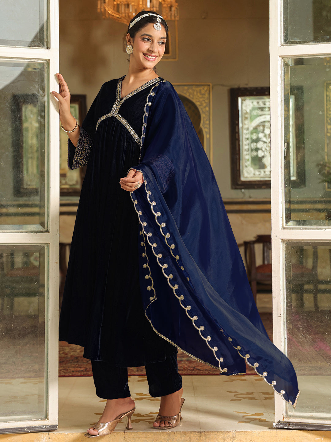 Navy Blue Velvet Zari Embroidered A-Line Kurta Set