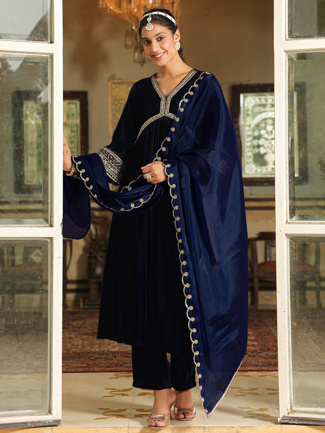 Navy Blue Velvet Zari Embroidered A-Line Kurta Set