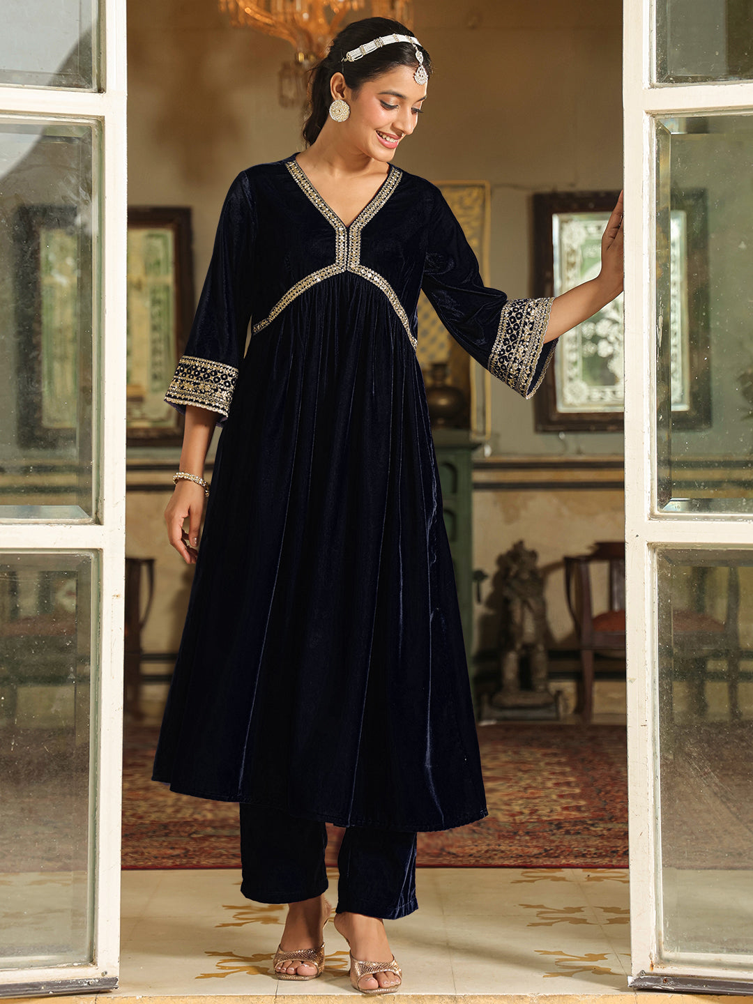 Navy Blue Velvet Zari Embroidered A-Line Kurta Set