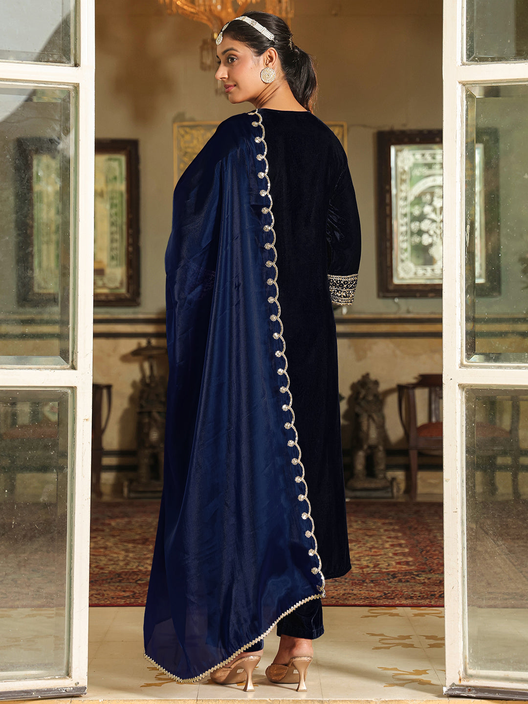 Navy Blue Velvet Zari Embroidered A-Line Kurta Set