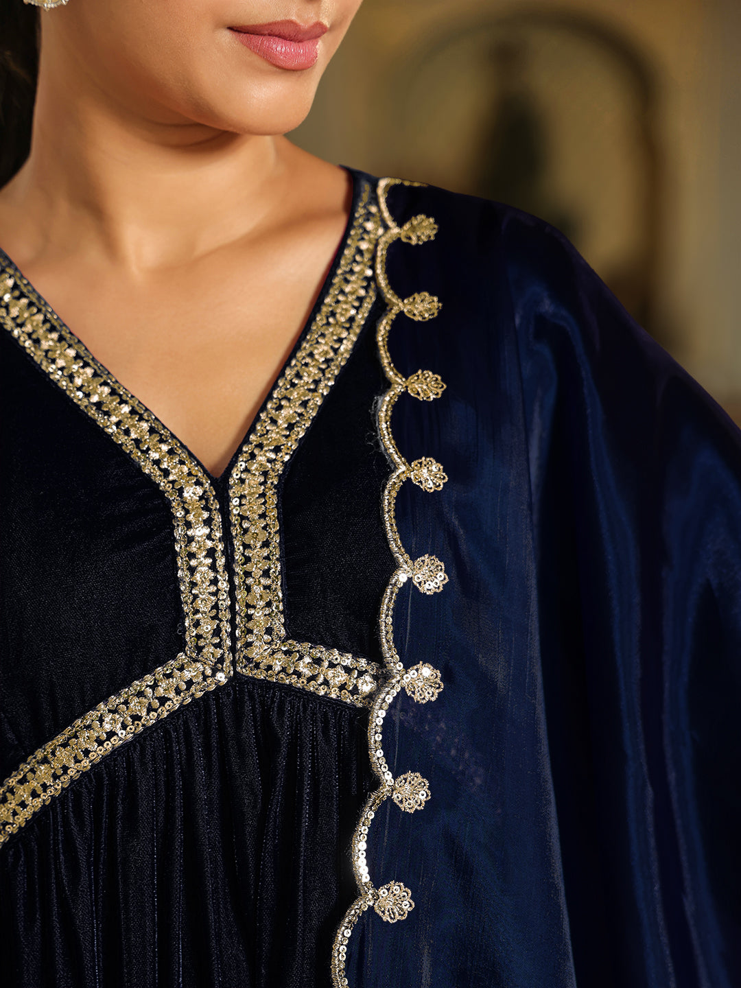 Navy Blue Velvet Zari Embroidered A-Line Kurta Set