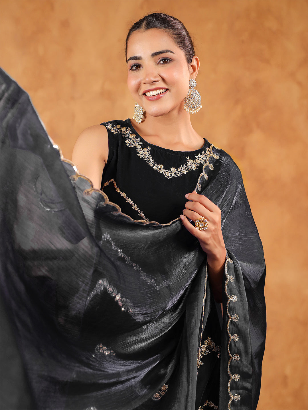 Black Velvet Zari Embroidered Straight Kurta Set