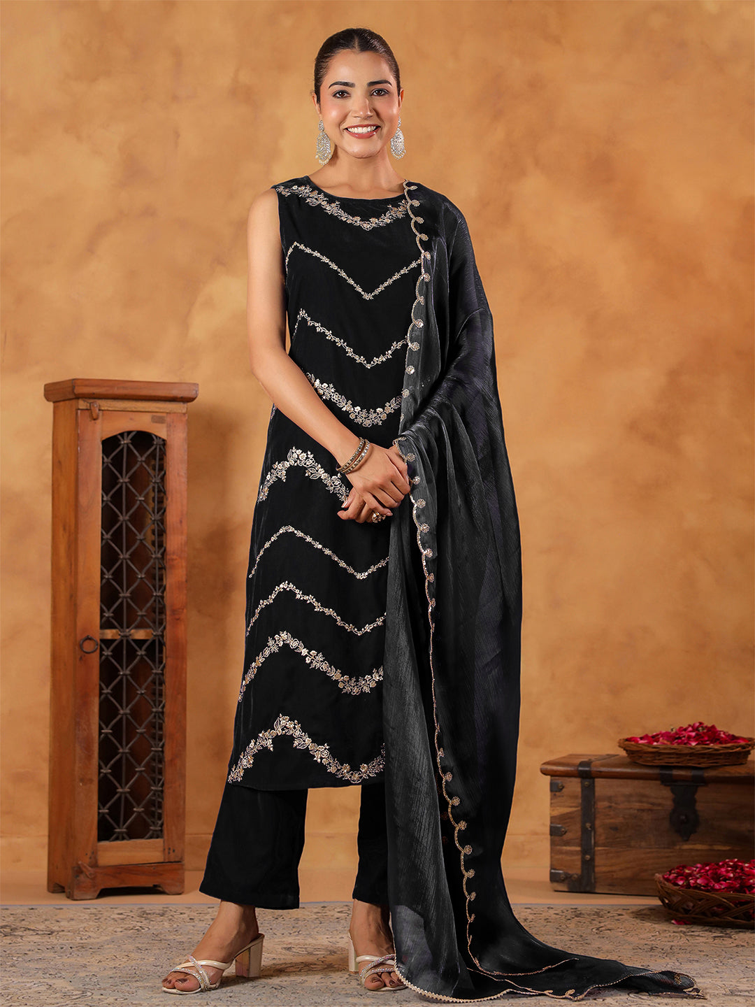 Black Velvet Zari Embroidered Straight Kurta Set