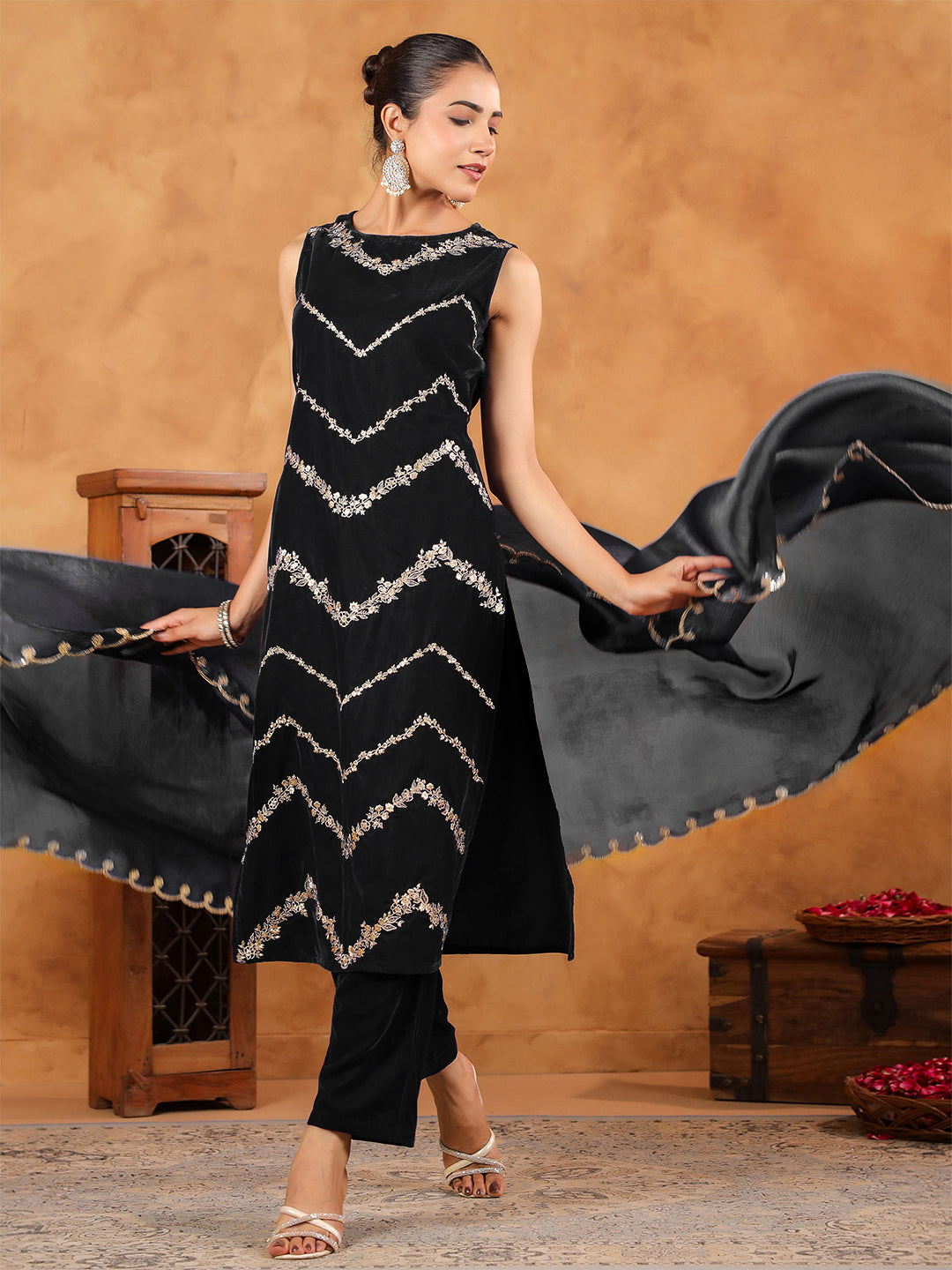 Black Velvet Zari Embroidered Straight Kurta Set