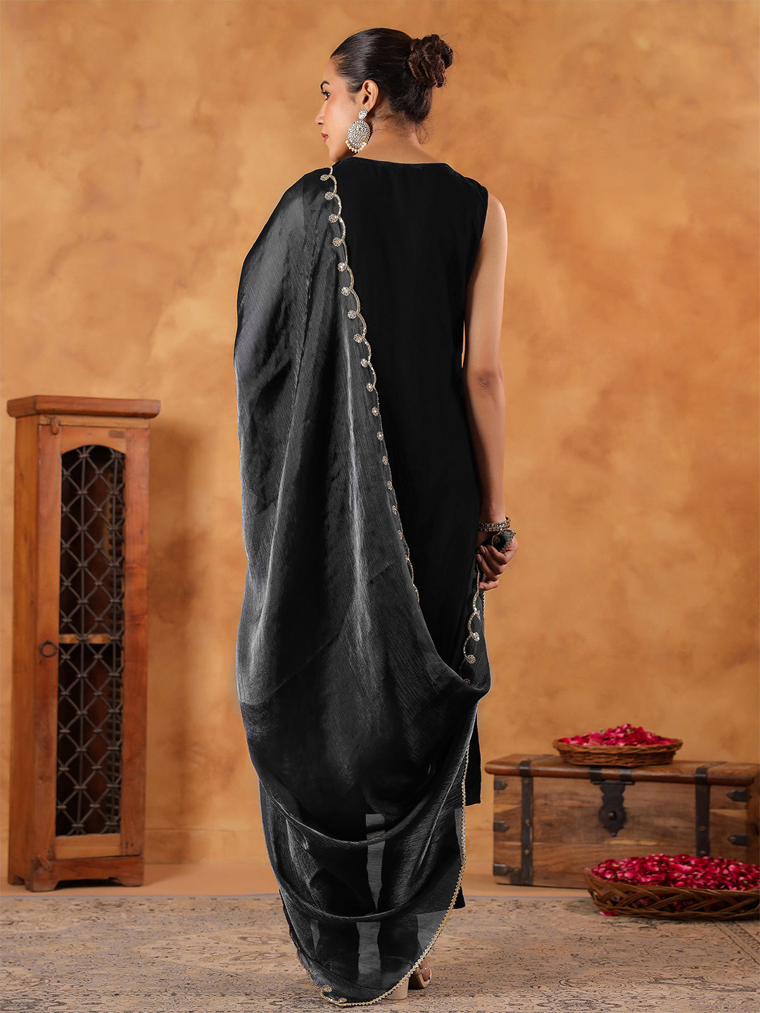 Black Velvet Zari Embroidered Straight Kurta Set