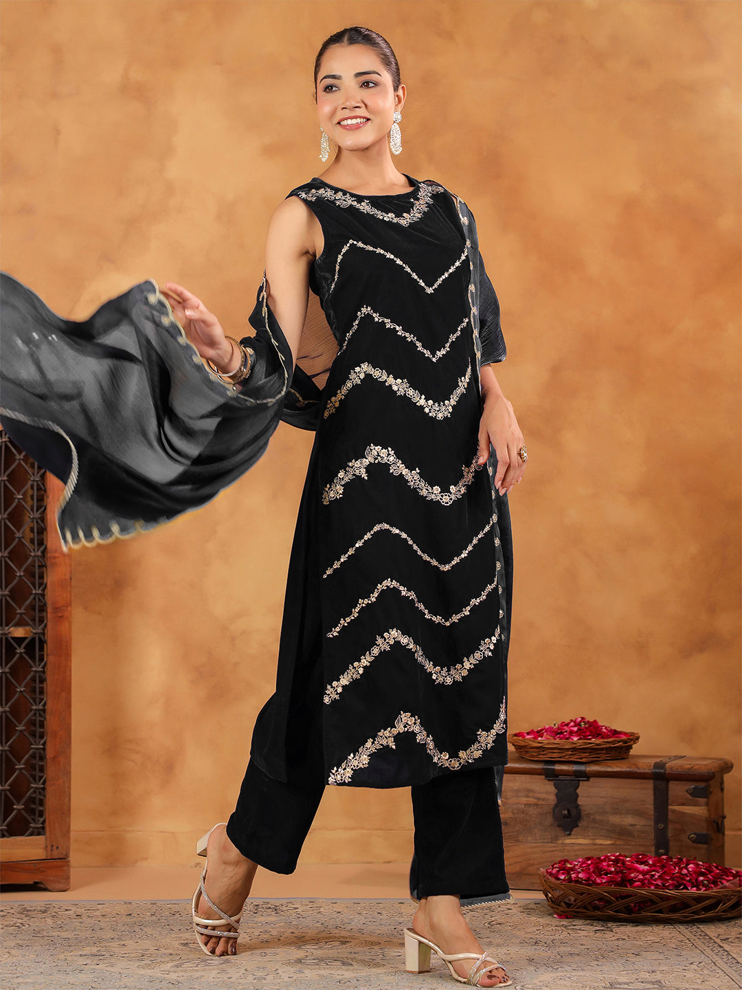 Black Velvet Zari Embroidered Straight Kurta Set