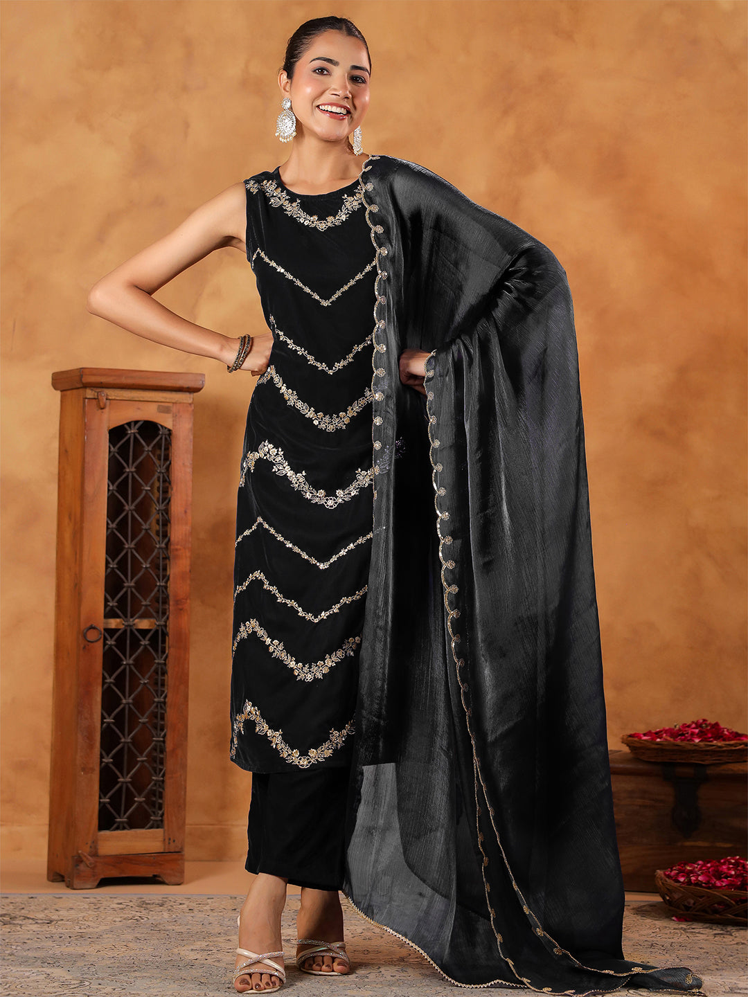 Black Velvet Zari Embroidered Straight Kurta Set