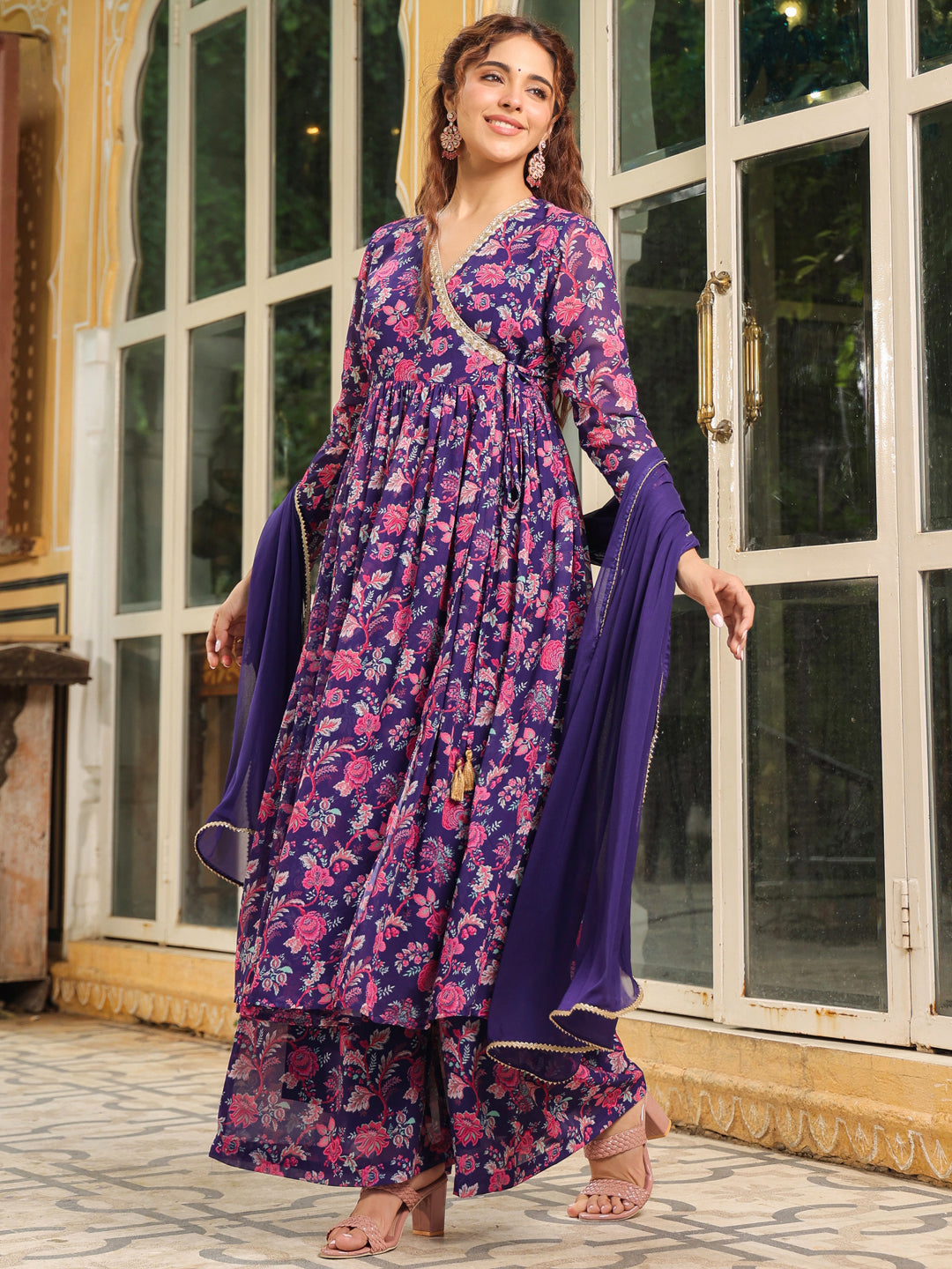 Purple Georgette Floral Printed Angrakha Kurta Set