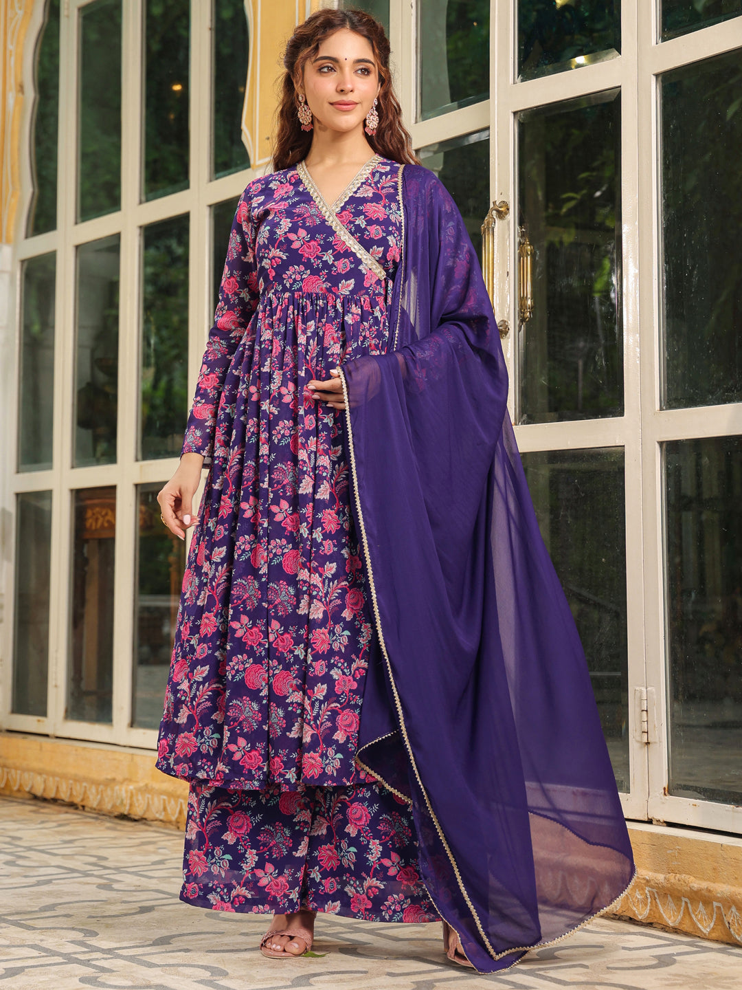 Purple Georgette Floral Printed Angrakha Kurta Set