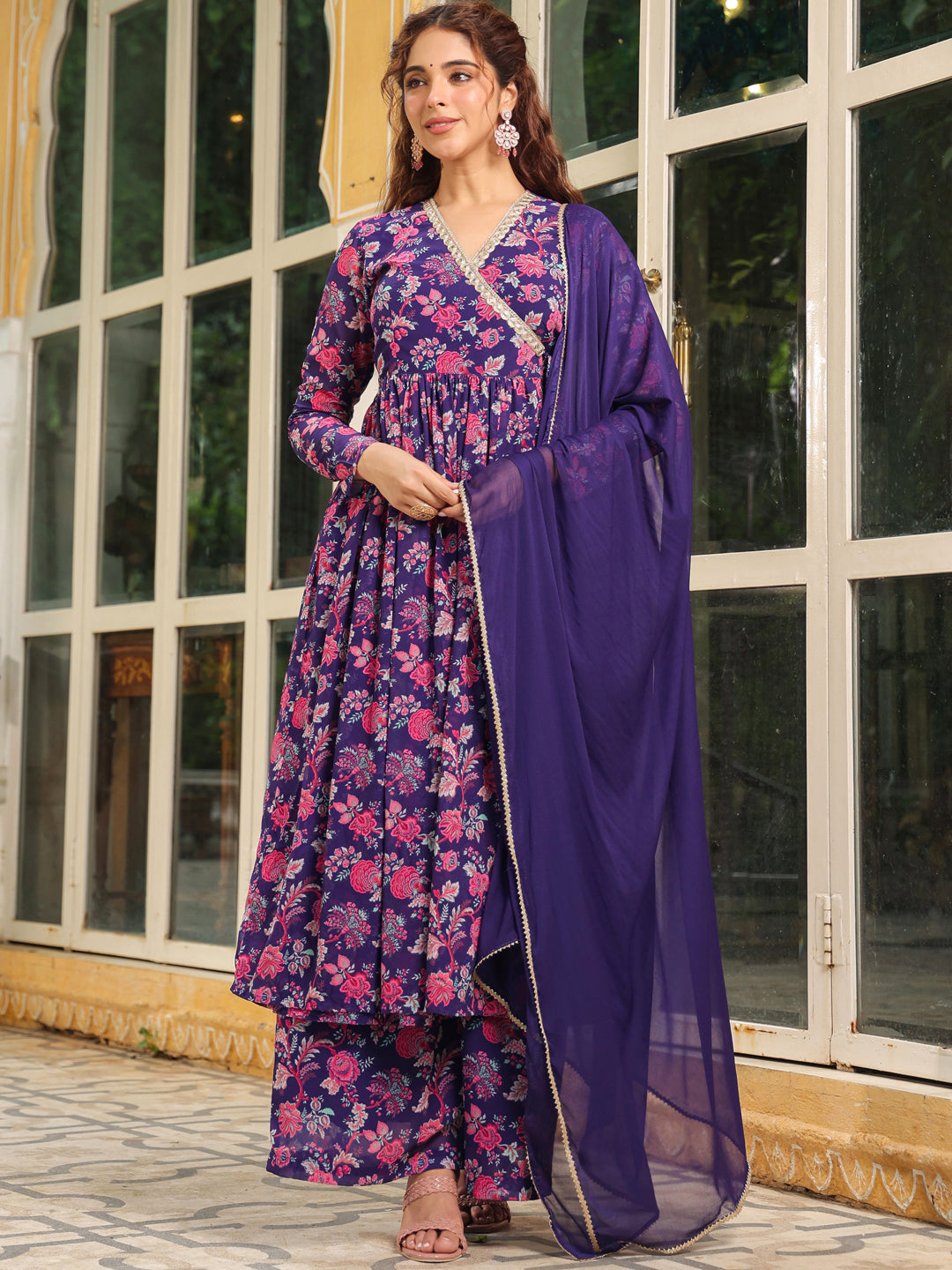 Purple Georgette Floral Printed Angrakha Kurta Set