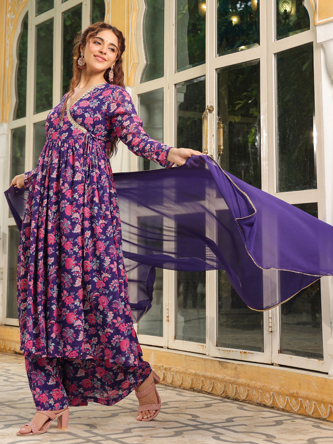 Purple Georgette Floral Printed Angrakha Kurta Set