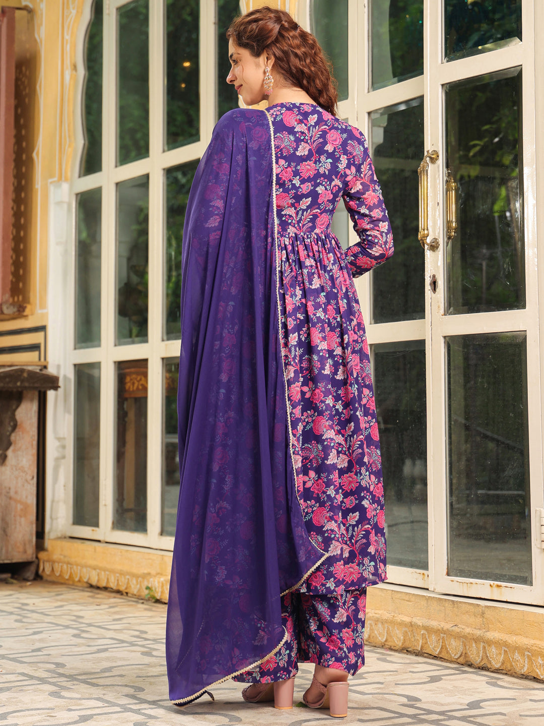 Purple Georgette Floral Printed Angrakha Kurta Set