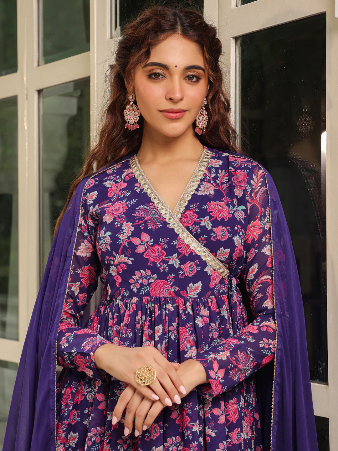 Purple Georgette Floral Printed Angrakha Kurta Set