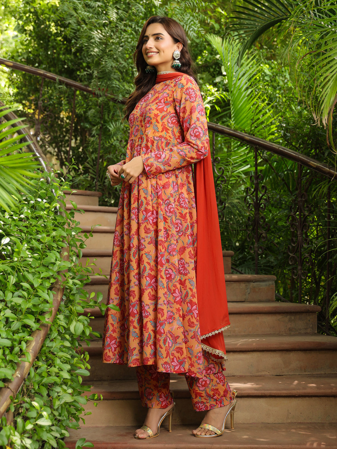 Mustard Georgette Floral Printed Anarkali Kurta Set