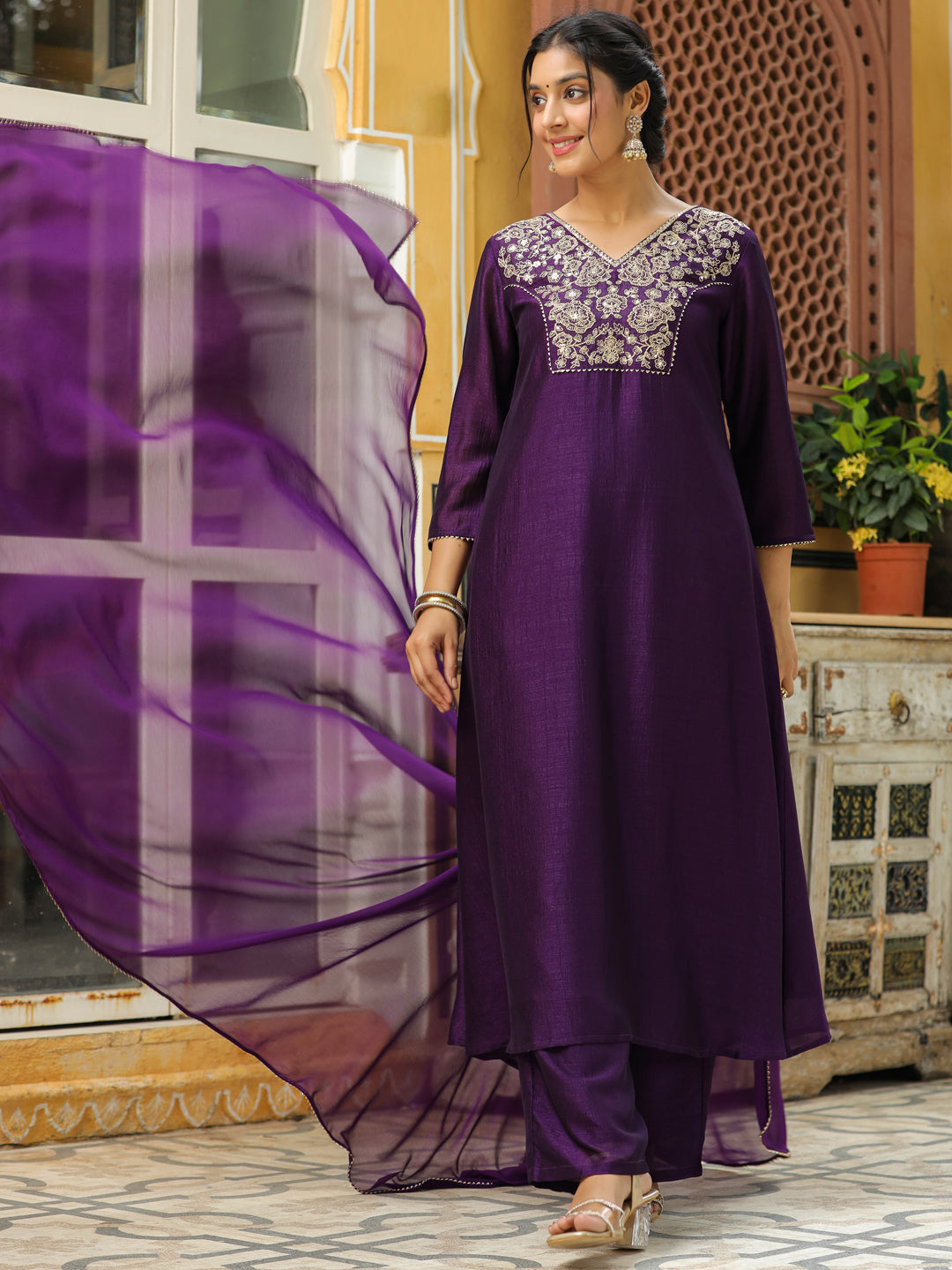 Purple Silk Blend Yoke Embroidered A-Line Kurta Set