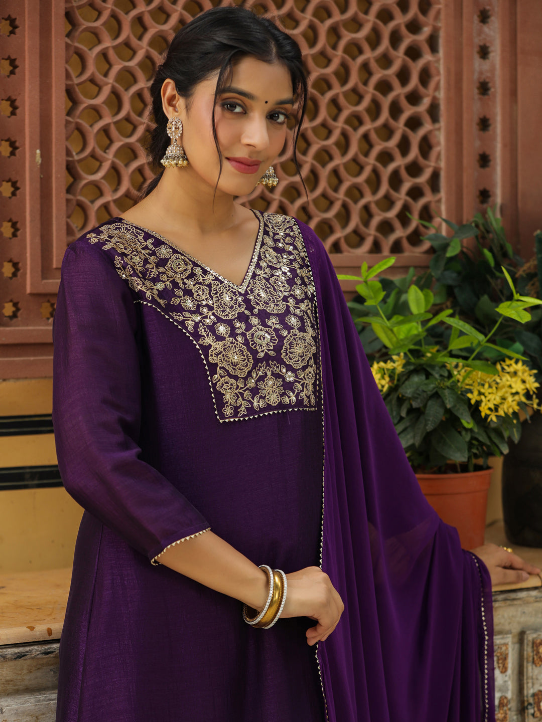 Purple Silk Blend Yoke Embroidered A-Line Kurta Set