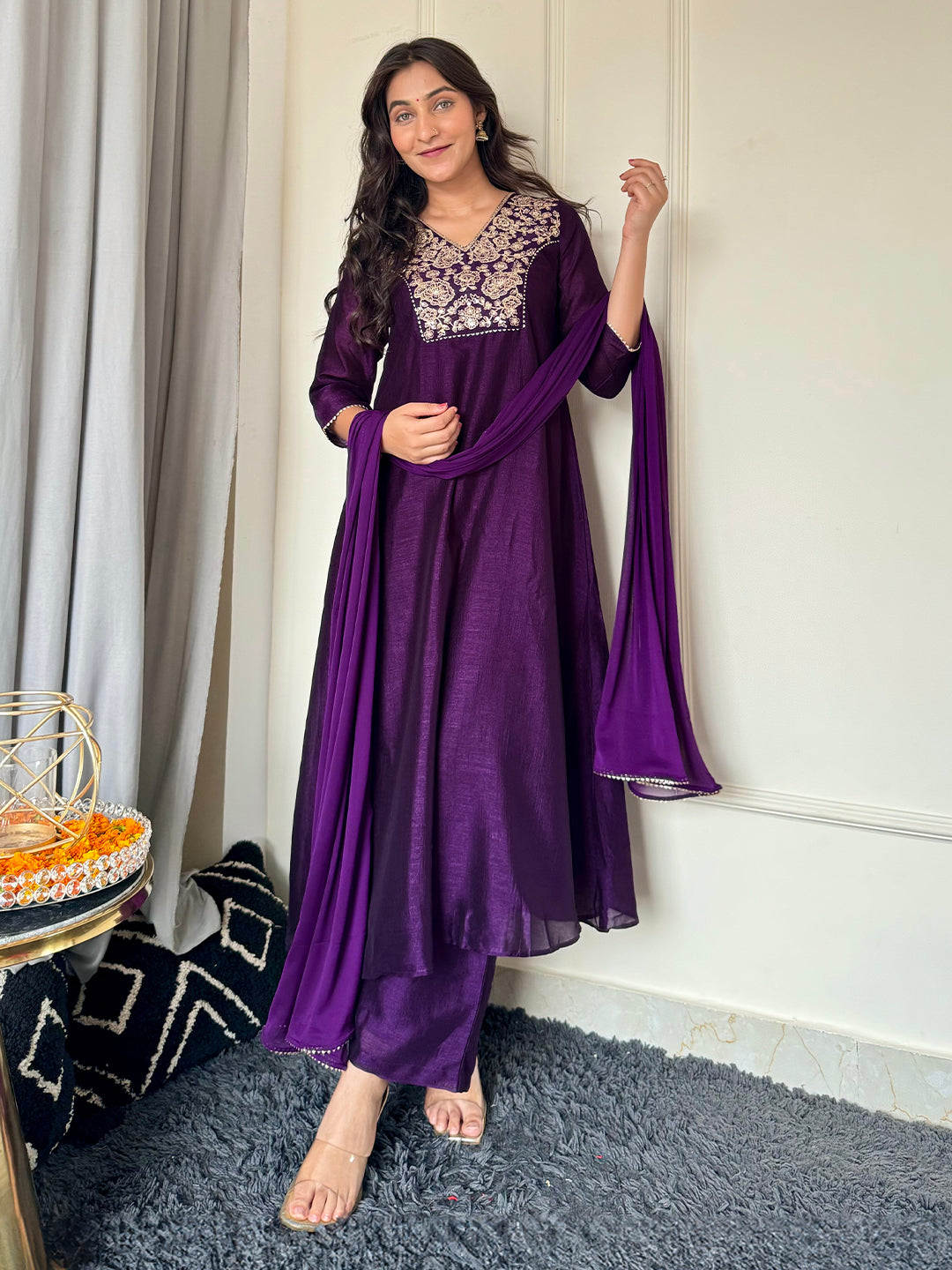 Purple Silk Blend Yoke Embroidered A-Line Kurta Set