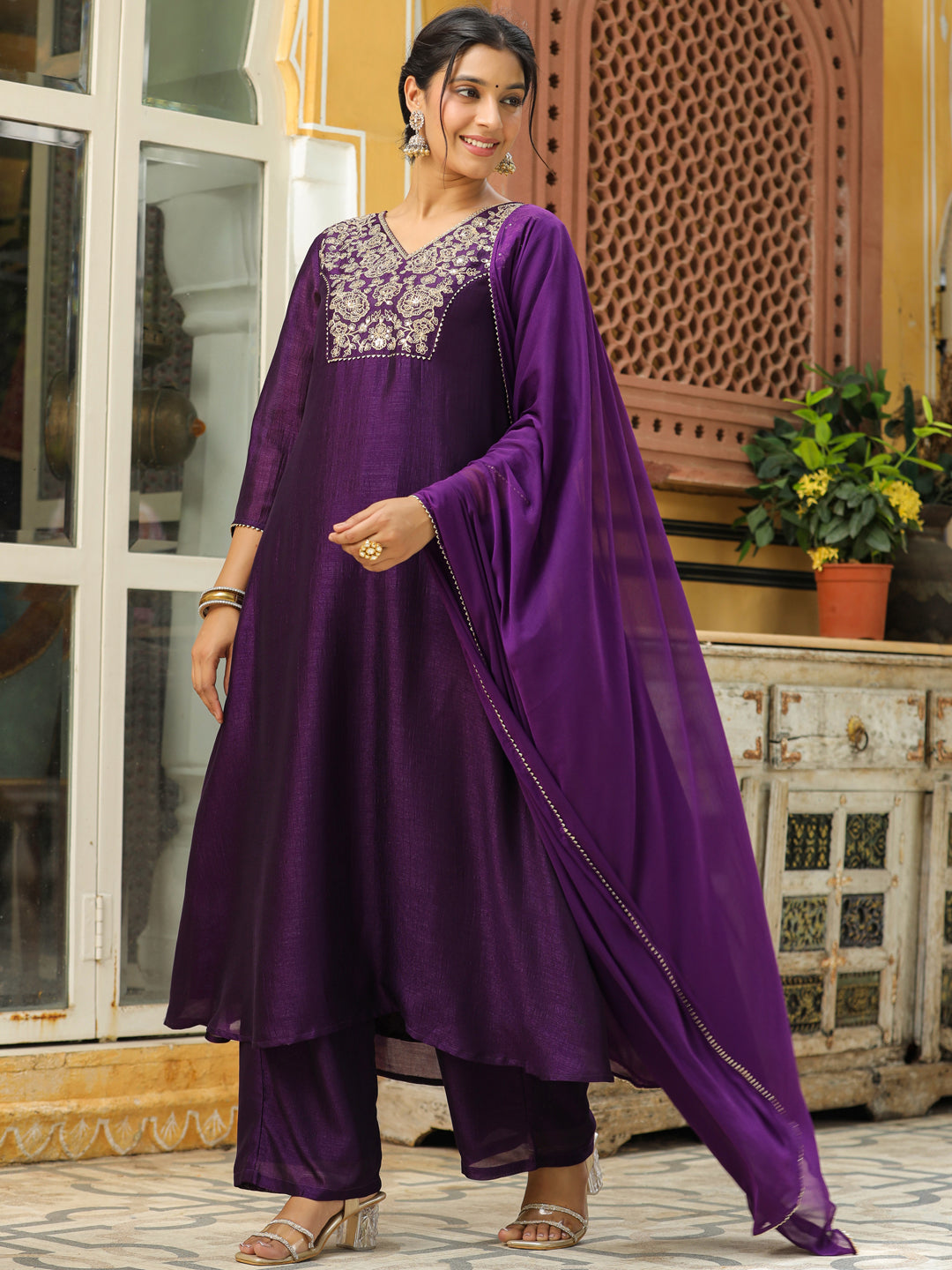 Purple Silk Blend Yoke Embroidered A-Line Kurta Set