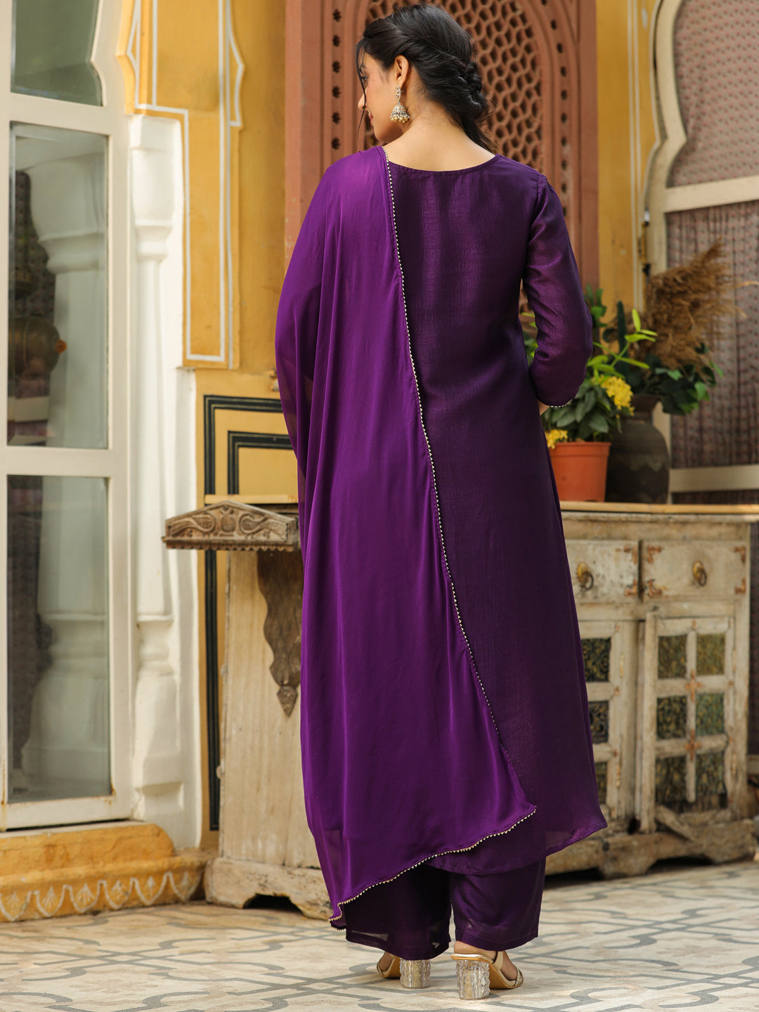 Purple Silk Blend Yoke Embroidered A-Line Kurta Set