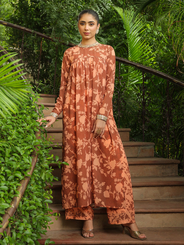 Brown Georgette Floral Printed Empire Kurta With Palazzo Set