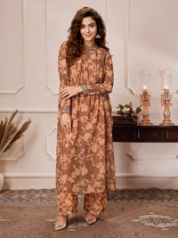 Brown Georgette Floral Printed Empire Kurta With Palazzo Set