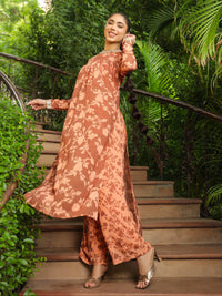 Brown Georgette Floral Printed Empire Kurta With Palazzo Set