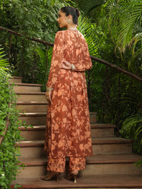 Brown Georgette Floral Printed Empire Kurta With Palazzo Set