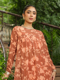 Brown Georgette Floral Printed Empire Kurta With Palazzo Set