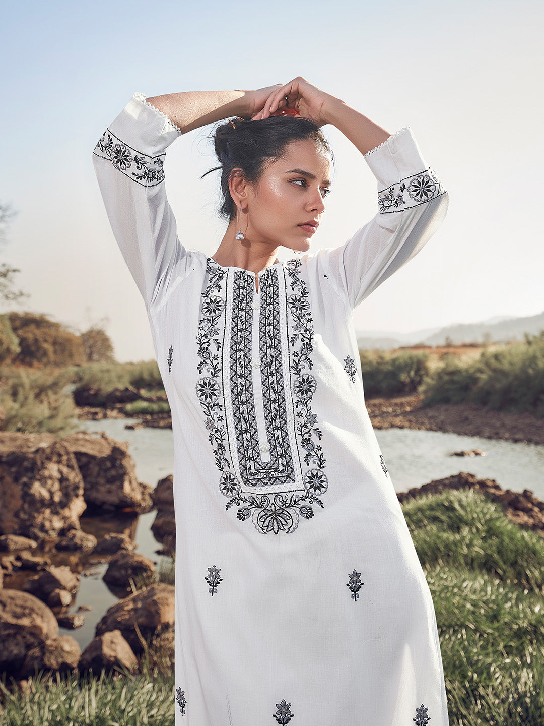 White Cotton Embroidered Straight Kurta Set