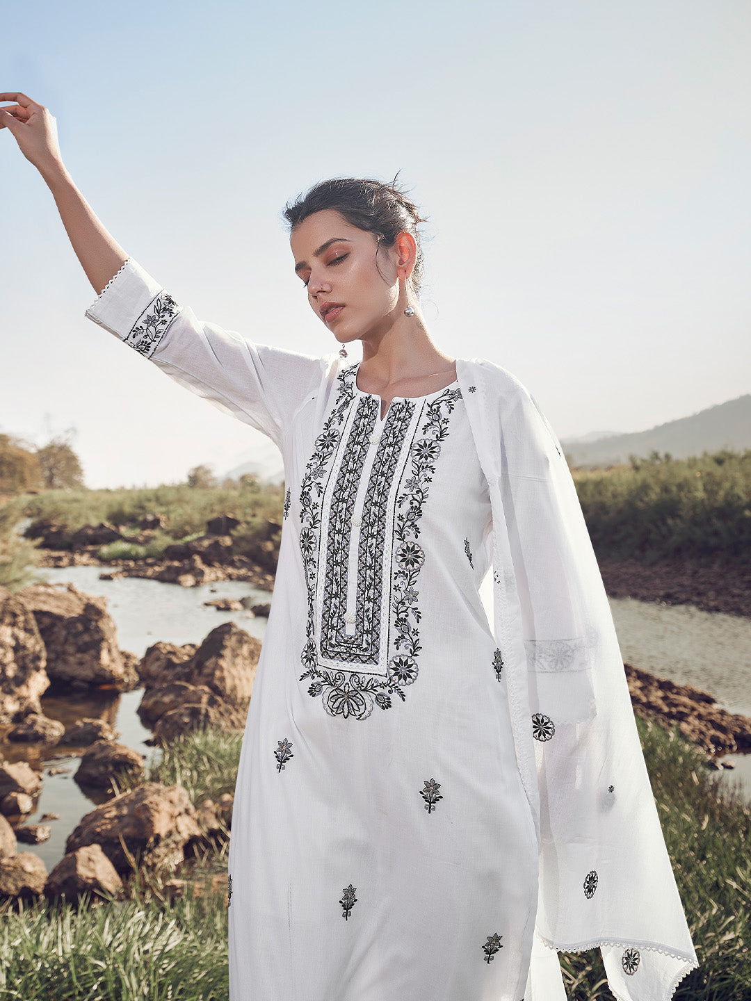 White Cotton Embroidered Straight Kurta Set