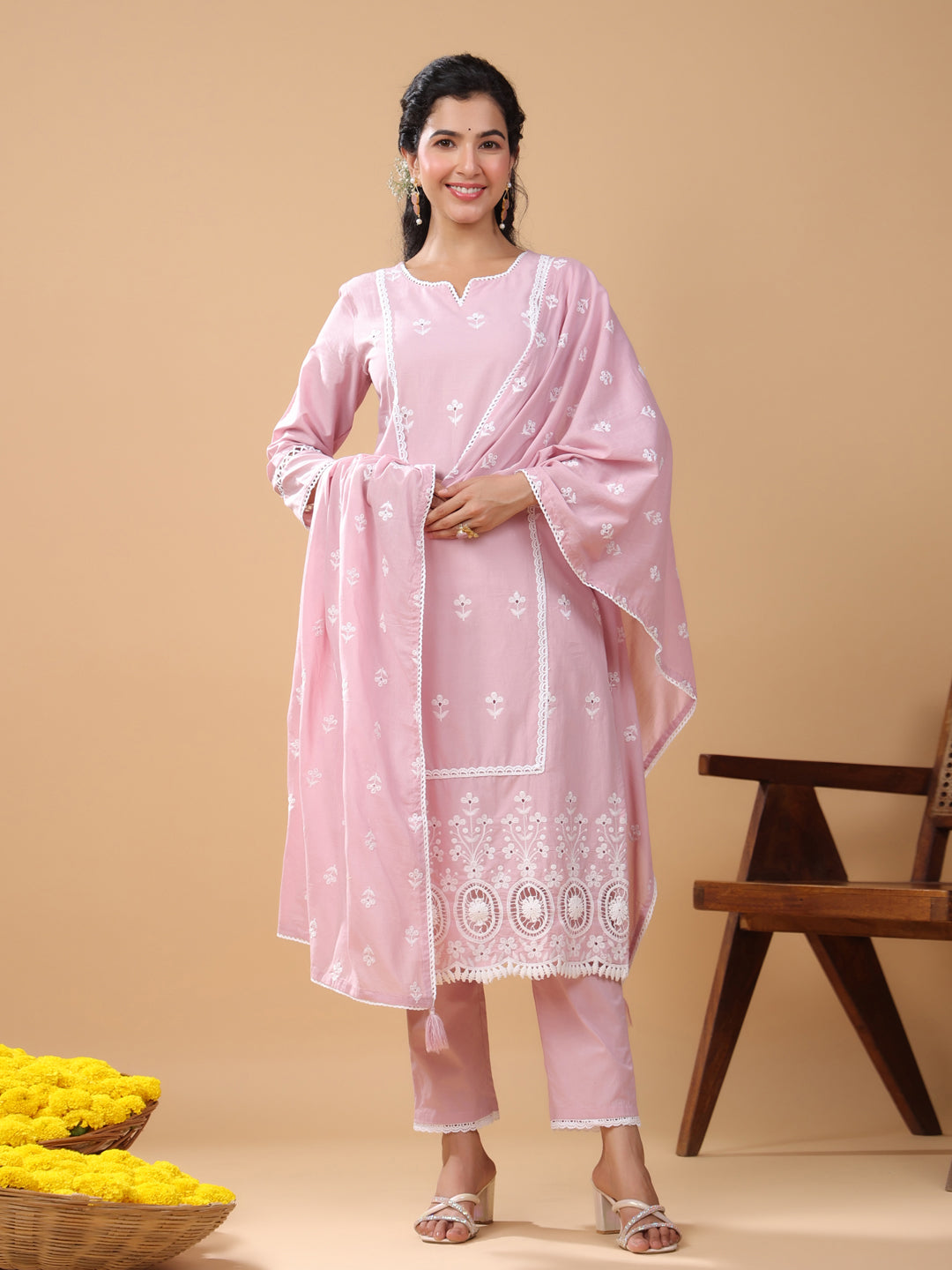 Pink Cotton Embroidered Straight Kurta Set