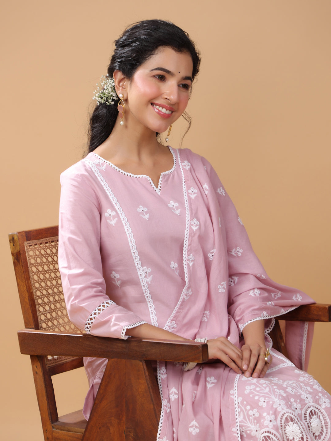 Pink Cotton Embroidered Straight Kurta Set