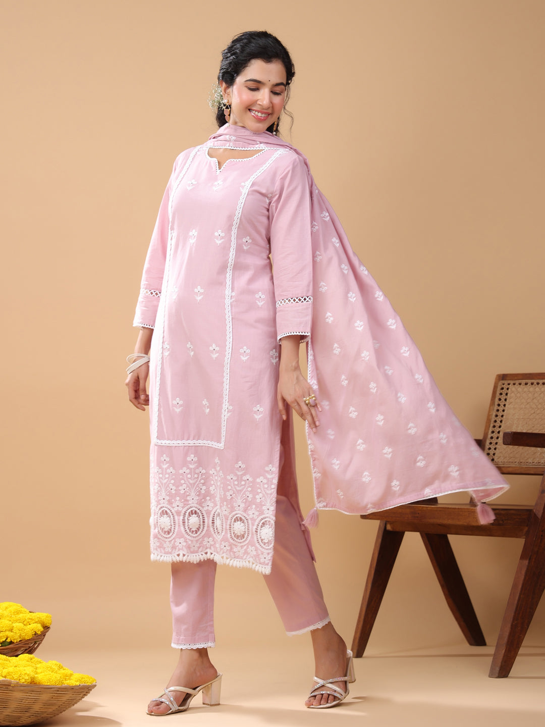 Pink Cotton Embroidered Straight Kurta Set