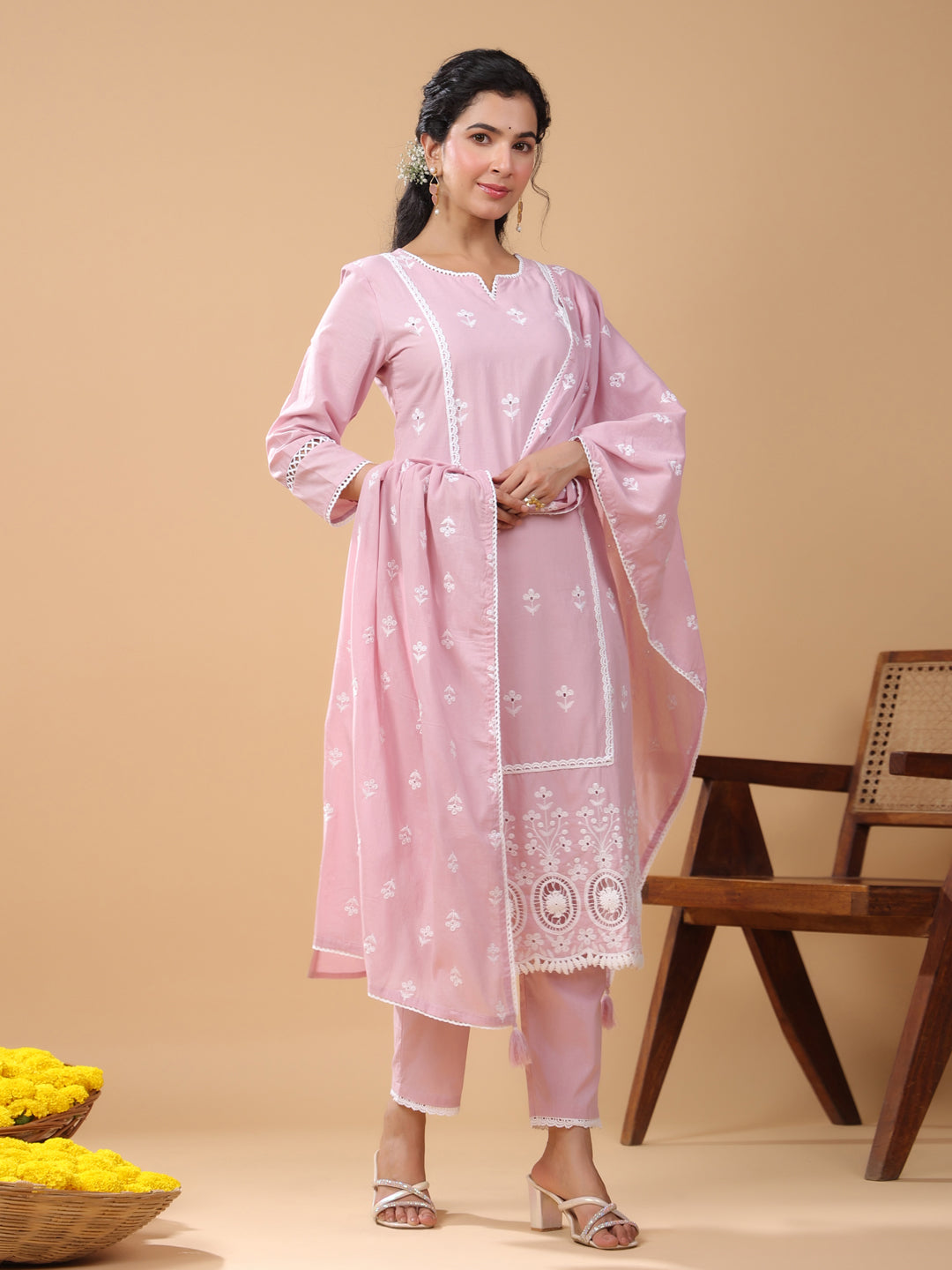 Pink Cotton Embroidered Straight Kurta Set