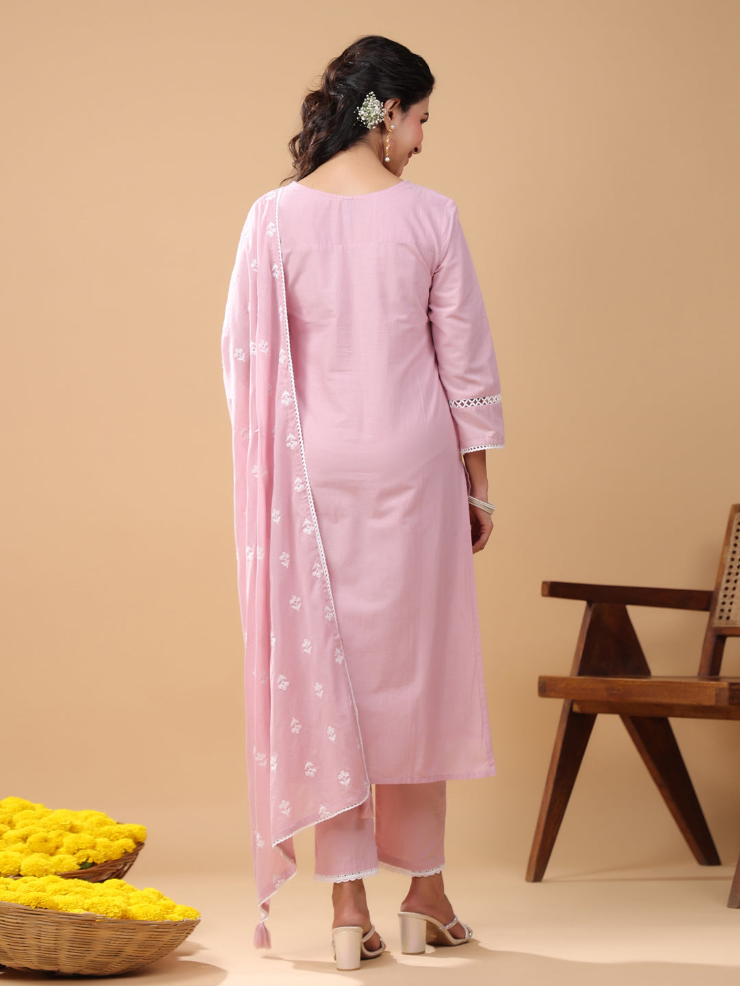 Pink Cotton Embroidered Straight Kurta Set