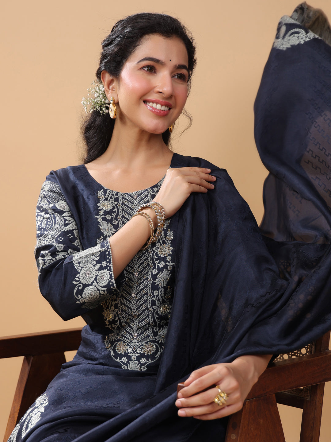 Navy Blue Chanderi Silk Jacquard Straight Kurta Set