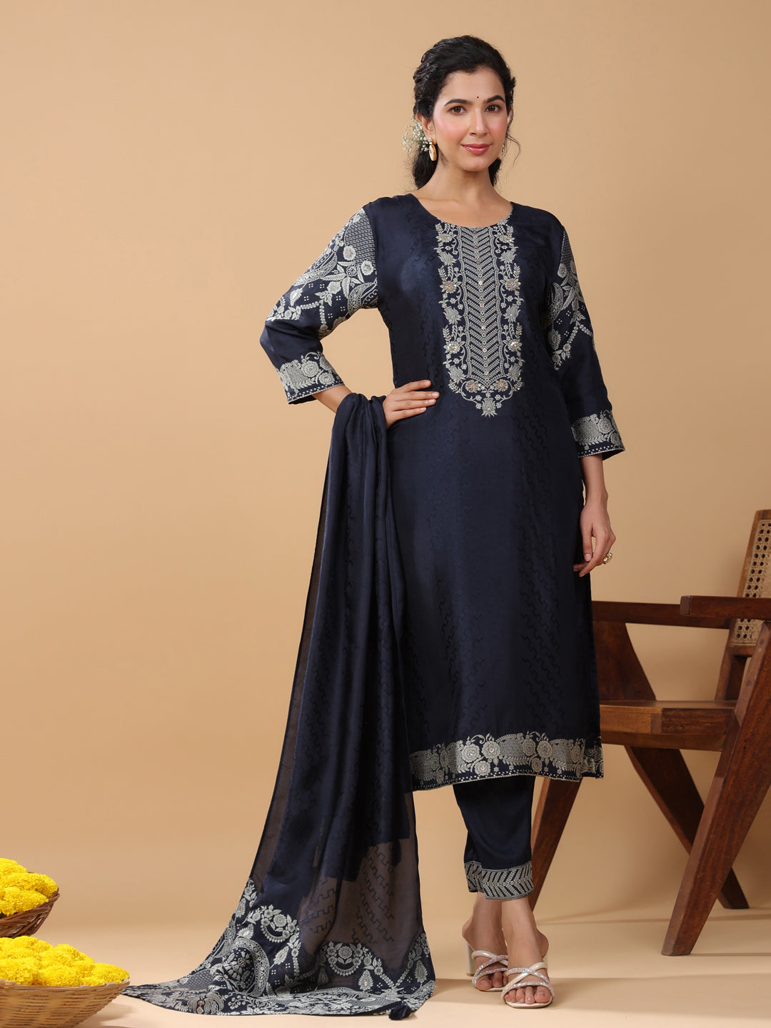 Navy Blue Chanderi Silk Jacquard Straight Kurta Set