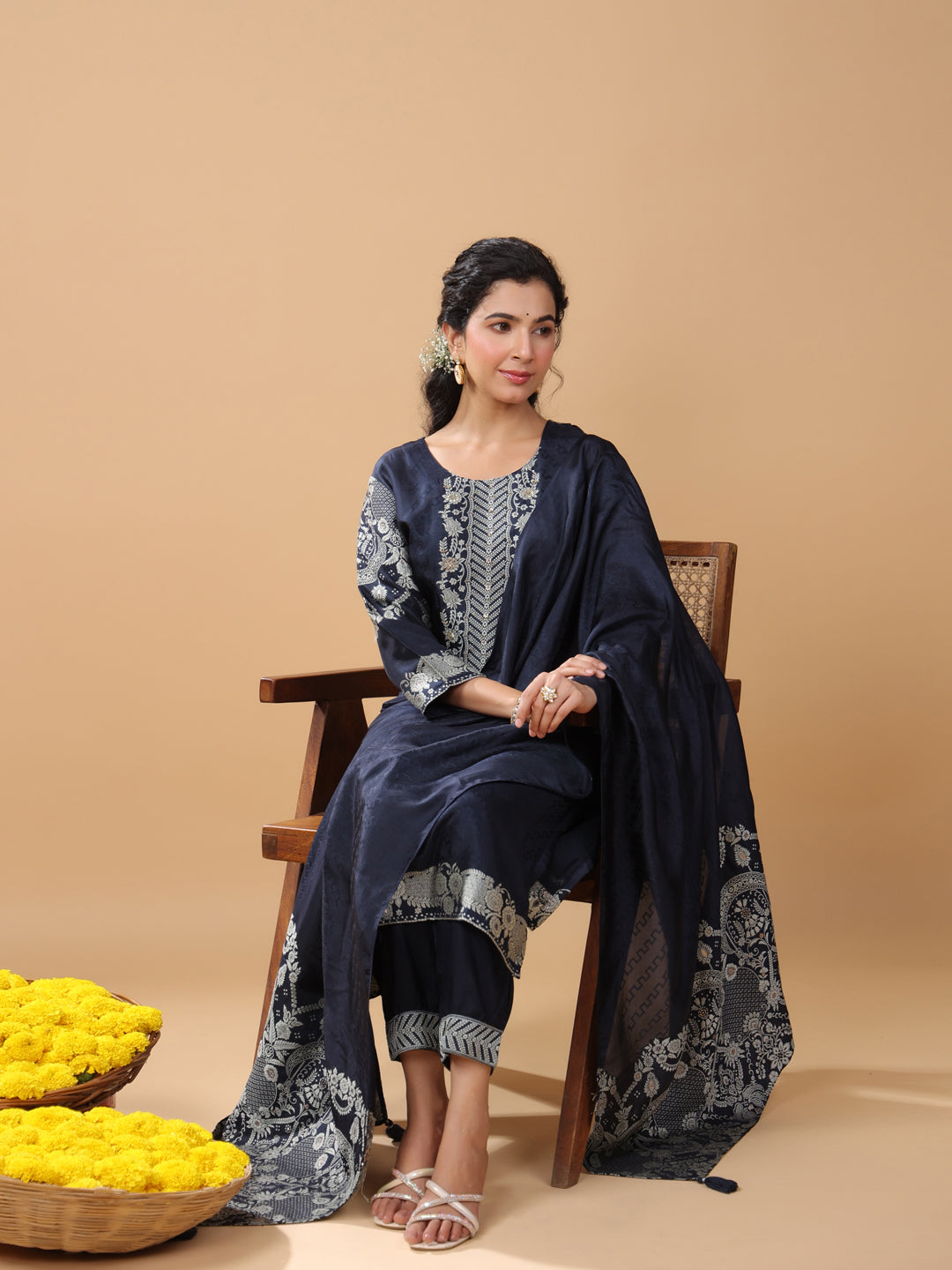 Navy Blue Chanderi Silk Jacquard Straight Kurta Set