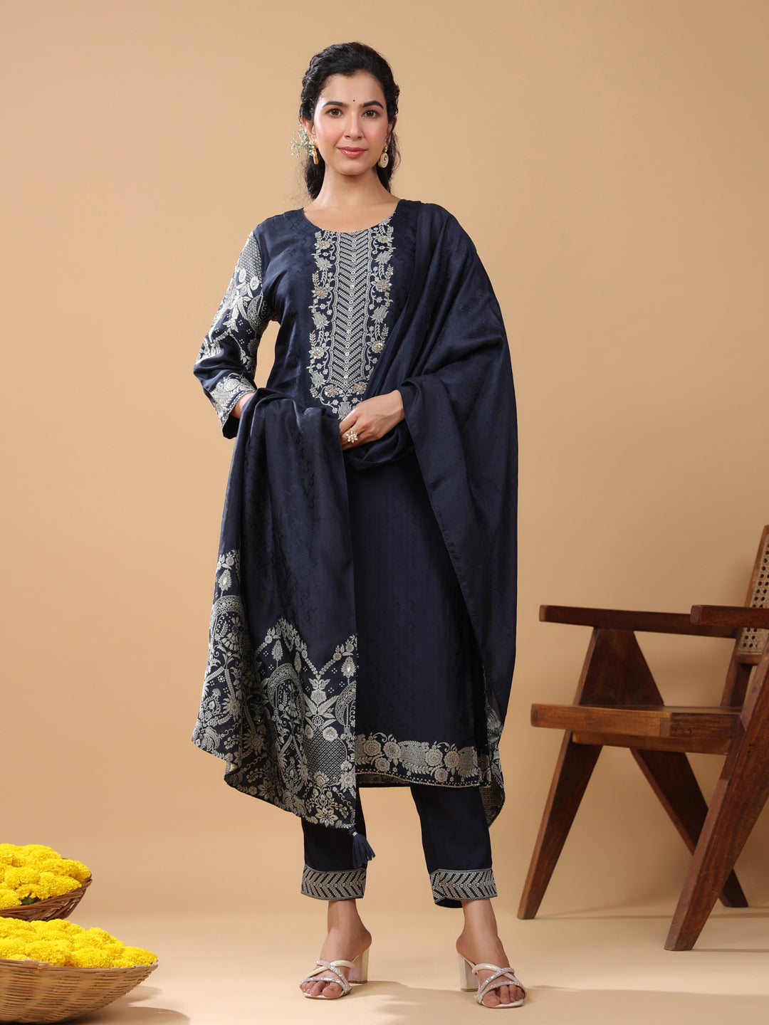 Navy Blue Chanderi Silk Jacquard Straight Kurta Set