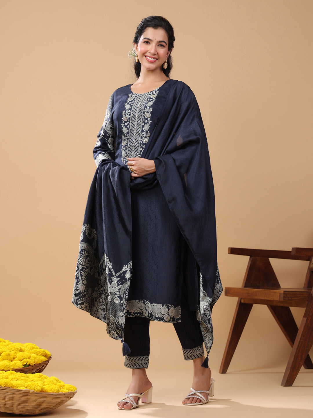 Navy Blue Chanderi Silk Jacquard Straight Kurta Set