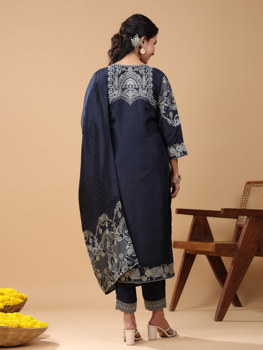 Navy Blue Chanderi Silk Jacquard Straight Kurta Set