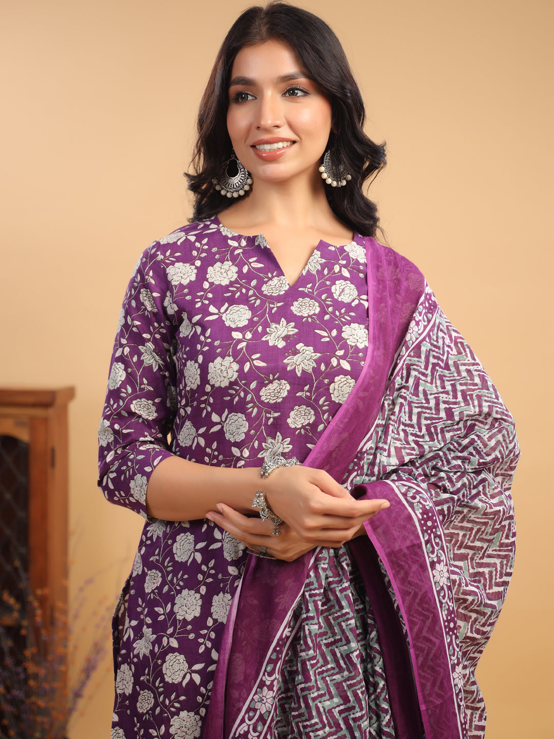 Purple Pure Cotton Floral Printed Straight Kurta Set