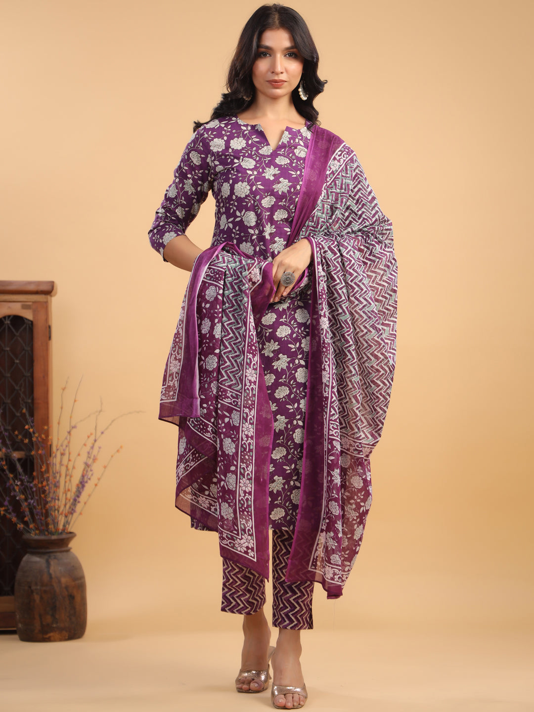 Purple Pure Cotton Floral Printed Straight Kurta Set