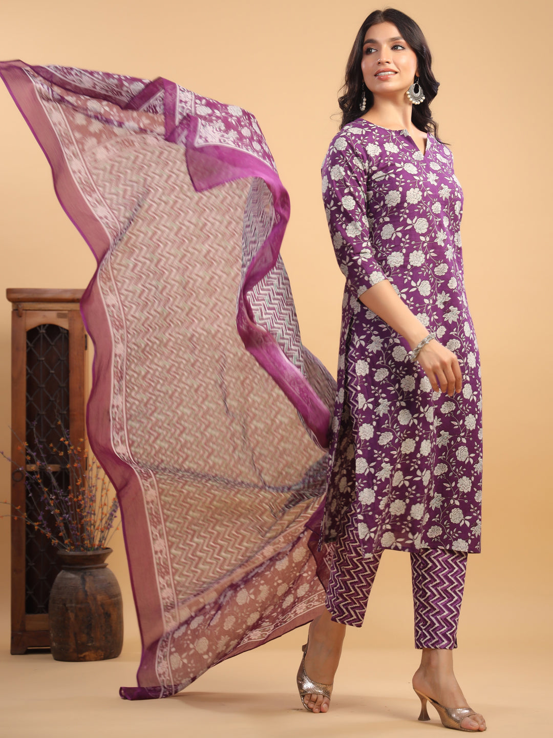 Purple Pure Cotton Floral Printed Straight Kurta Set