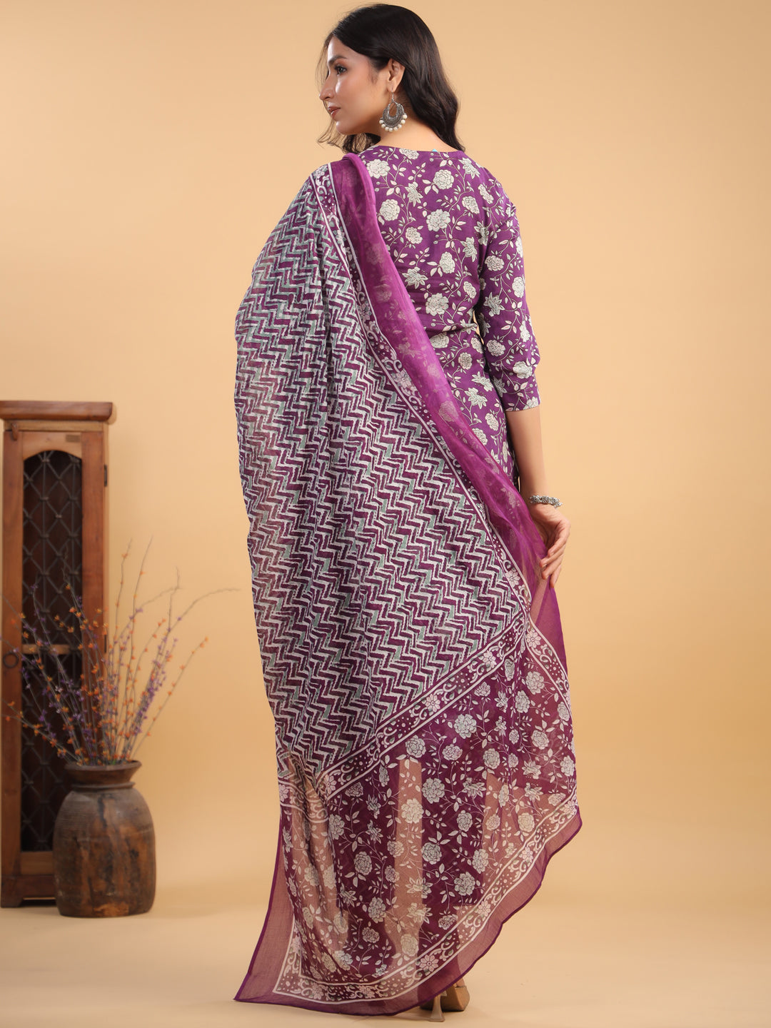 Purple Pure Cotton Floral Printed Straight Kurta Set