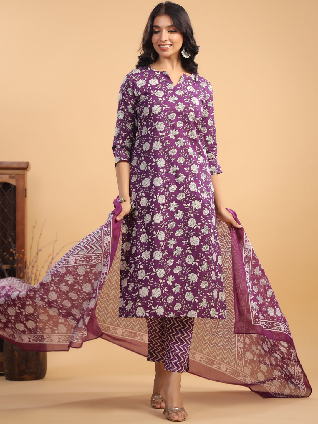 Purple Pure Cotton Floral Printed Straight Kurta Set