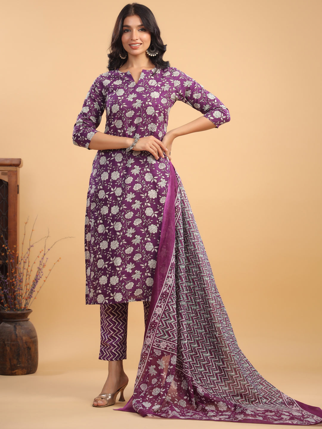 Purple Pure Cotton Floral Printed Straight Kurta Set