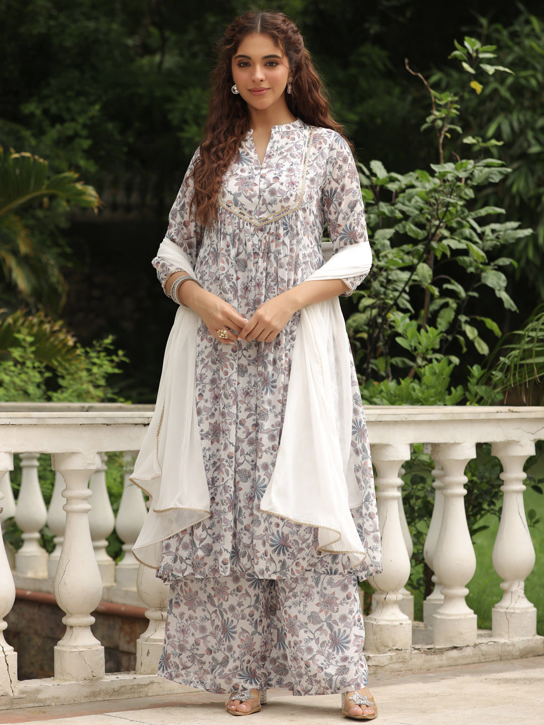 White Georgette Floral Printed A-Line Kurta Set