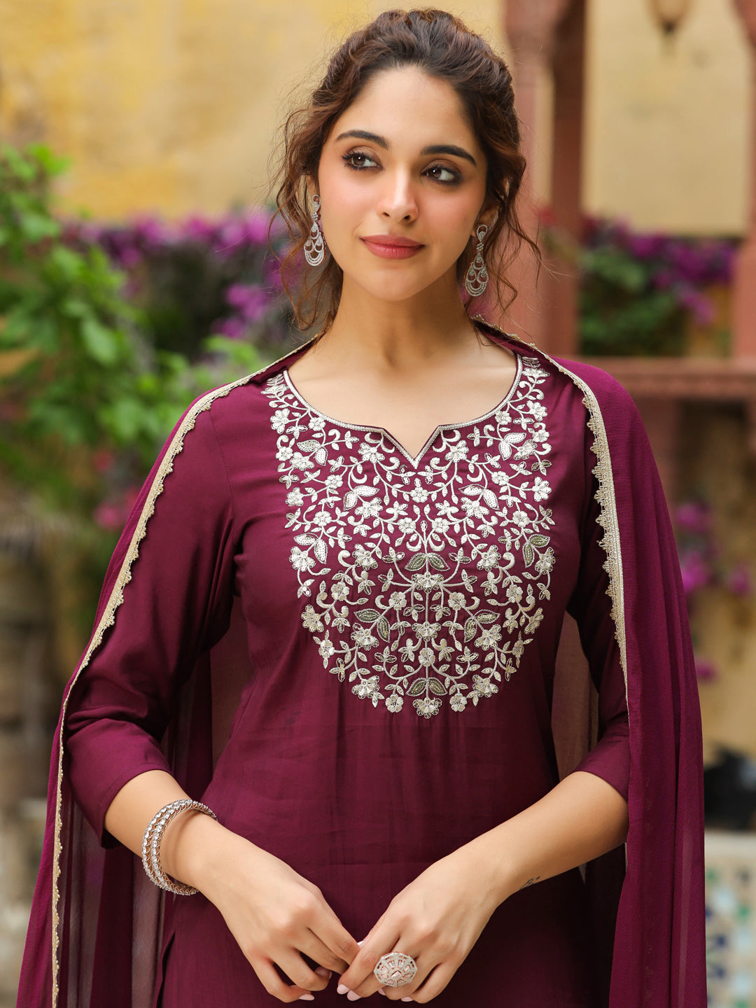 Wine Chanderi Silk Yoke Embroidered Straight Kurta Set