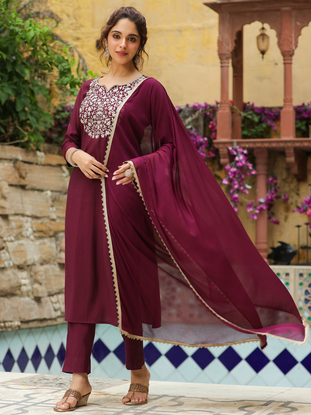 Wine Chanderi Silk Yoke Embroidered Straight Kurta Set